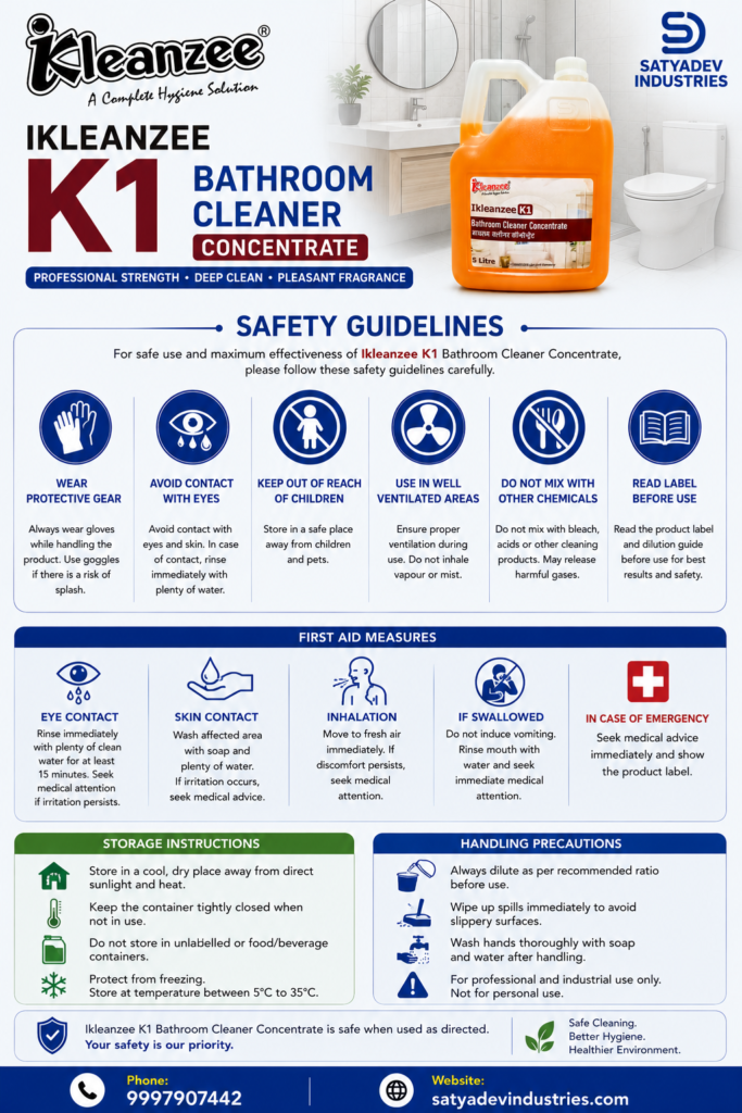 Safety precautions for handling professional bathroom cleaning liquid chemicals, including gloves, eye protection and proper storage.