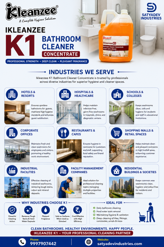 Commercial Bathroom cleaning liquid used in hotels, hospitals, schools, offices, factories, shopping malls, airports and facility management companies.