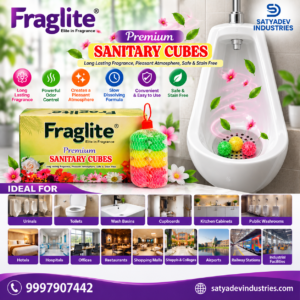 Fraglite Premium Sani Cubes urinal deodorizer poster showing three cubes on a urinal drain, product packaging and washroom applications.
