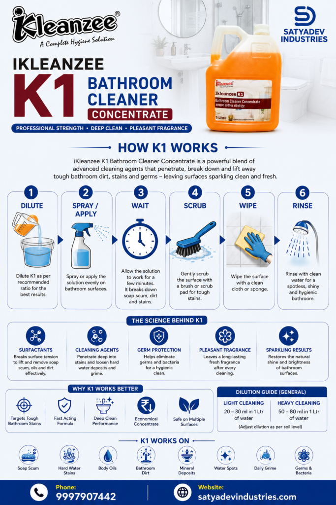 Step-by-step illustration showing dilution, spraying, scrubbing, wiping and rinsing with iKleanzee K1 Bathroom cleaning liquid .