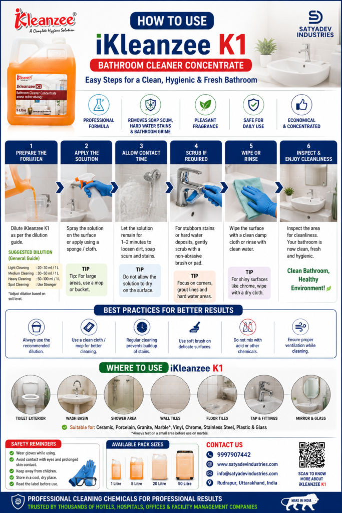 Step-by-step guide showing how to dilute, spray, scrub, rinse and dry bathroom surfaces using iKleanzee K1 Bathroom Cleaning liquid Concentrate for professional housekeeping and commercial cleaning.