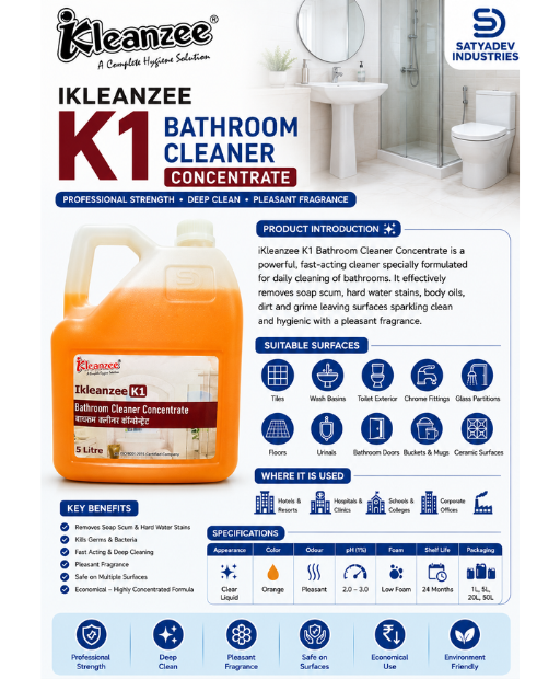 iKleanzee K1 Bathroom Cleaner Concentrate for hotels, hospitals, offices, schools and commercial buildings. Professional cleaning chemical for tiles, wash basins, chrome fittings and bathroom surfaces.