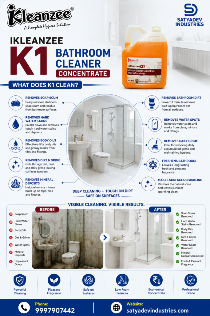 Bathroom cleaning liquid removing soap scum, body oils, hard water deposits, daily grime, water spots and bathroom dirt from washroom surfaces.