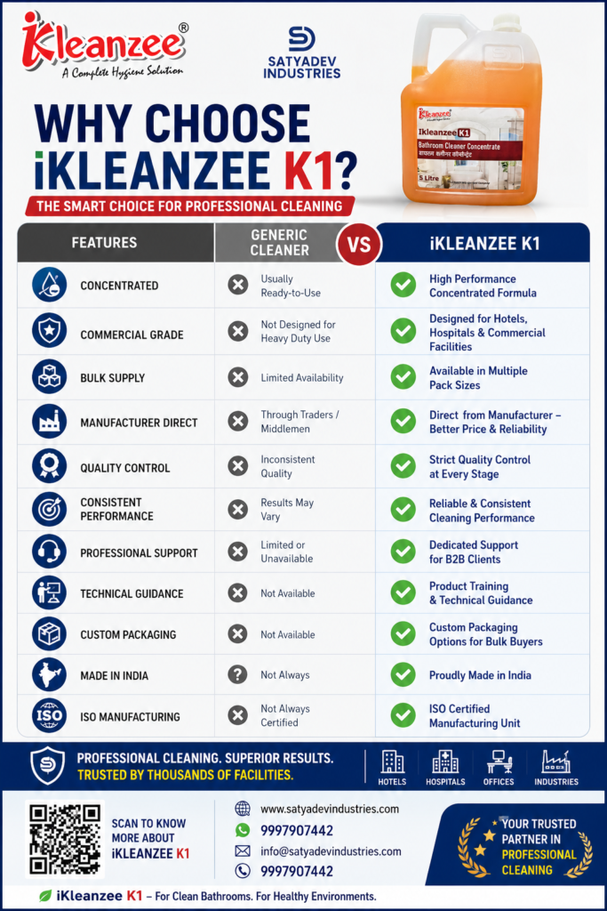 Comparison showing the advantages of iKleanzee K1 Bathroom Cleaner Concentrate over generic Bathroom cleaning liquid , including concentrated formula, commercial-grade quality, bulk supply, manufacturer-direct support and ISO manufacturing.