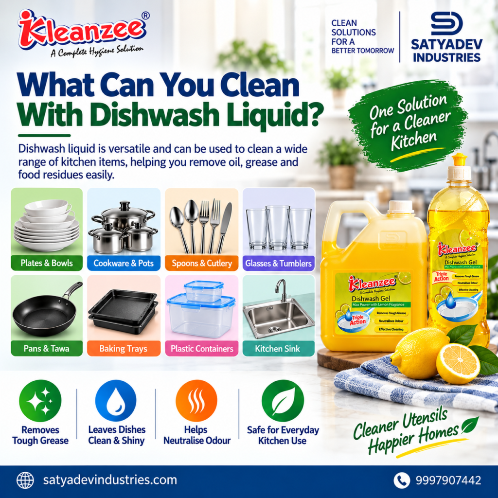 What can you clean with dishwash liquid including plates, cookware, cutlery, glasses and kitchen utensils